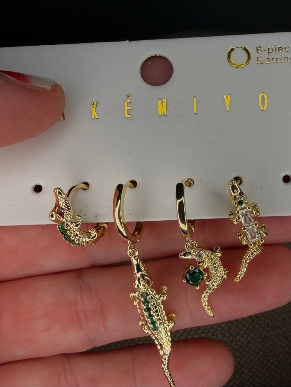 Gold Plated Crocodile Drop Earrings with Green Stones - Set of 4